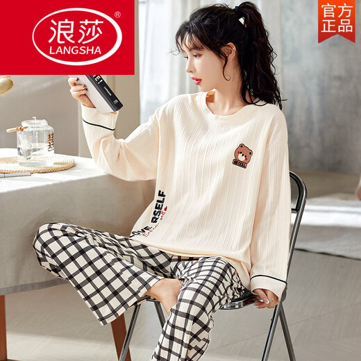 浪莎（LangSha）睡衣女春秋款纯棉韩版长袖可爱两件套装学生夏秋冬季家居服可外穿 GXT9928 M (建议75-95斤)