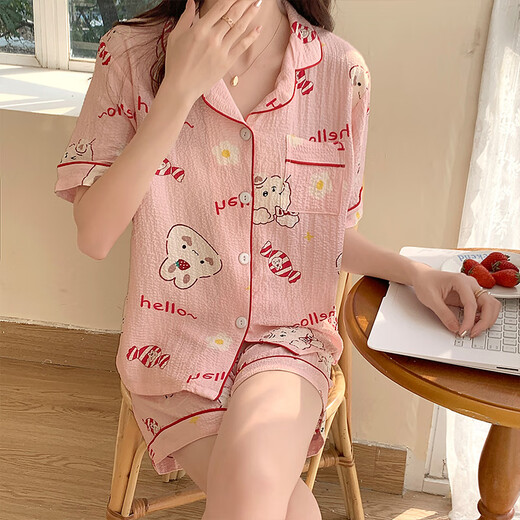 HUALIN FASHION夏季粉花泡泡袖短袖可爱薄款家居服套装 zd-673#杏色爱心 180 XL