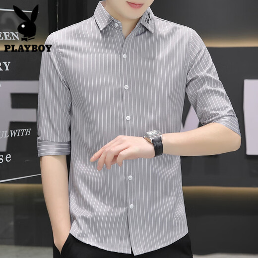 Playboy (PLAYBOY) 7-quarter sleeve shirt for men summer casual and versatile mid-sleeved vertical striped shirt trendy handsome short-sleeved slim-fitting inch shirt 682 gray XL 120-133Jin [Jin equals 0.5 kg]