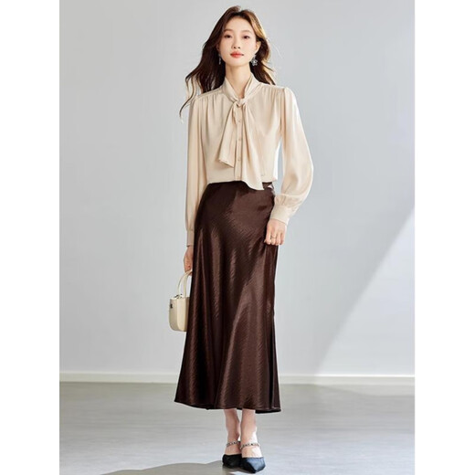 塔驰密司（touchmiss）优雅气质飘带雪纺衬衫女春季新款宽松长袖上衣TM3888GY 奶油杏 M