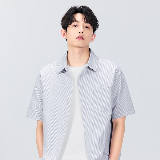 Miniso short-sleeved shirt men's summer Oxford striped shirt men's clothes casual lapel half-sleeved Z blue and white M