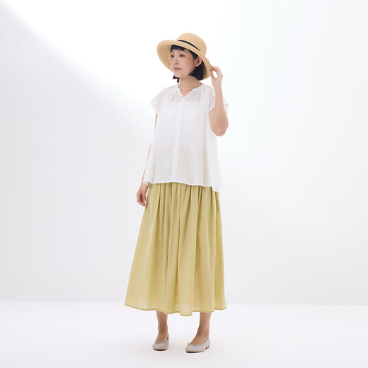 无印良品（MUJI）女式 强捻抽褶裙 长半身裙女夏季款裙子25年新品女装纯棉BE1VCC5S 黄色 M (160/66A)