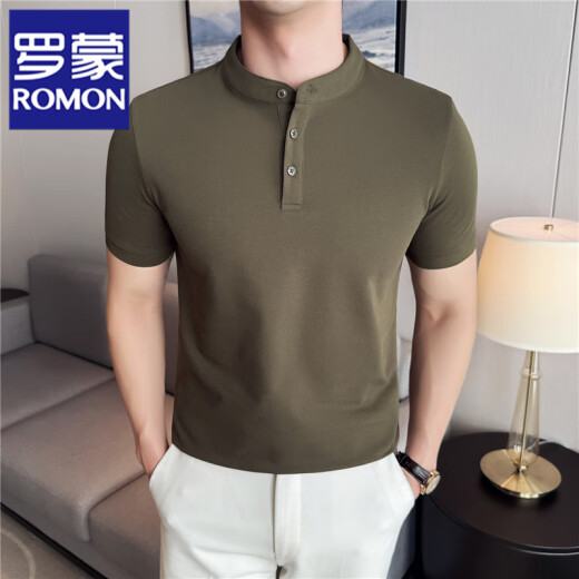 罗蒙（ROMON）纯色正肩短袖Polo领衫男春秋潮牌亨利领T恤韩版修身男士短袖体恤 军绿色 XL