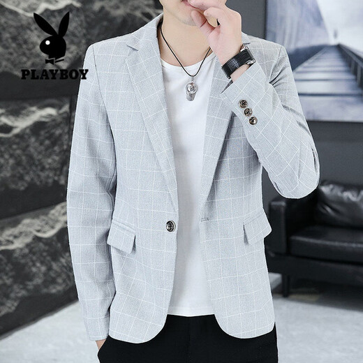 Playboy (PLAYBOY) Plaid Suit Men's Korean Style Trendy Handsome Casual Jacket New Spring Korean Style Personalized Small Suit Outer Clothes XF8815 Dark Gray L (105-120Jin Jin equals 0.5 kg)
