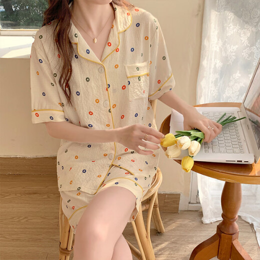 HUALIN FASHION夏季粉花泡泡袖短袖可爱薄款家居服套装 zd-673#杏色爱心 180 XL