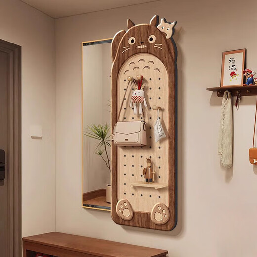聚驰中古风龙猫隐藏式全身镜子洞洞板玄关装饰画转角隐形推拉穿衣镜画 A款：洞洞板镜子+精雕+金铝合金框 画41*118镜35*100+左推拉