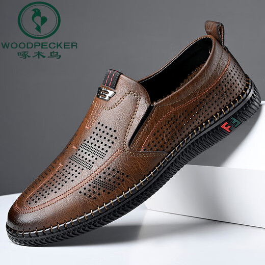 Specht kalte Lederschuhe für Männer Frühling und Sommer lässige Lederschuhe weiche Sohle weiche Oberflächenbekleidung-resistente und geruchsresistente atmungsaktive Einflüssigkeits-Sommer-Hohllederschuhe 677 Brown 44