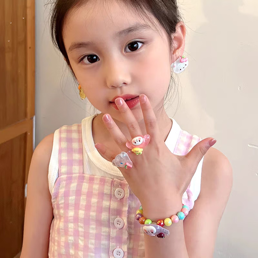 2024 Neues Kinderarmband kleines Mädchen süßes Ring Baby Cartoon Cartoon Clip Girl Schmuck Set Großhandel 179 Pink Kibbean [5 -teiliges Set]