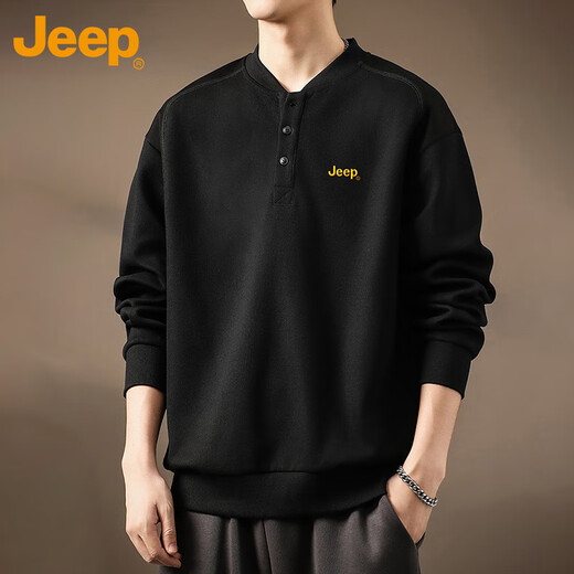 Jeep (JEEP) sweatshirt men's spring and autumn long-sleeved casual bottoming shirt Henry collar loose top T-shirt men's black 4XL