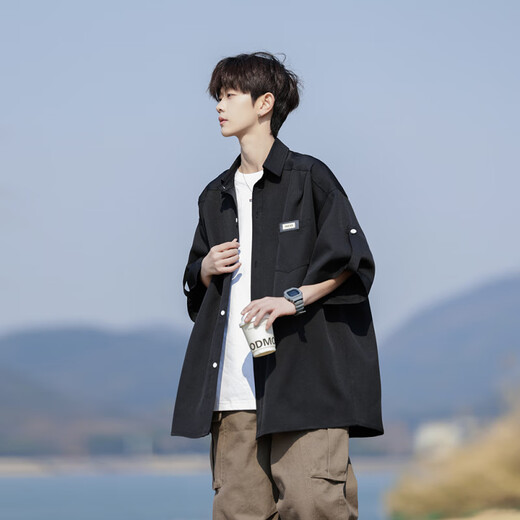 Nying Japanese Short Sorthing Shirt Men's 25 Summer New New Trendy Retro Retro Cool Breathable Chaqueta informal de gran tamaño Black XL (130-150Jin [Jin equivale a 0.5 kg])