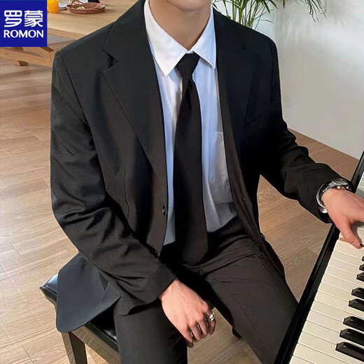 ROMON student suit men's loose black temperament high-quality small suit Korean version business professional formal suit three-piece suit + white shirt + trousers (+ S