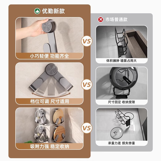 YOUQIN Suction Cup Lid Rack No-Punch Wall-mounted Stainless Steel Kitchen Storage Rack Storage Chopping Board Placer Gun Ash 1 Pack Suction Cup Style