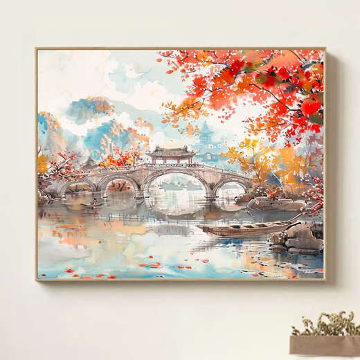 初构想中式山水风景数字油画diy手绘画画填色感丙烯油彩涂色填充画 X9738 5070油画套餐+精品外框四色可选