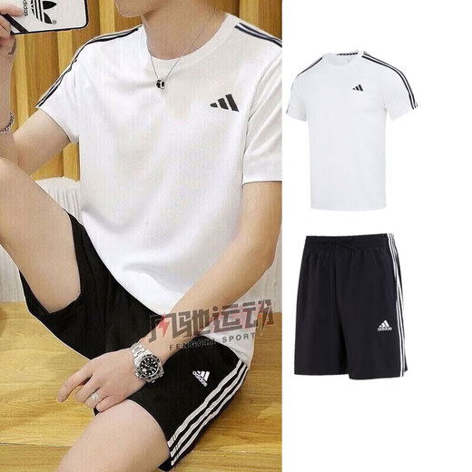 阿迪达斯 （adidas）男装运动套装25夏季新款舒适透气三条纹短袖T恤五分裤短裤两件套 IB8151+IC1484 M/175