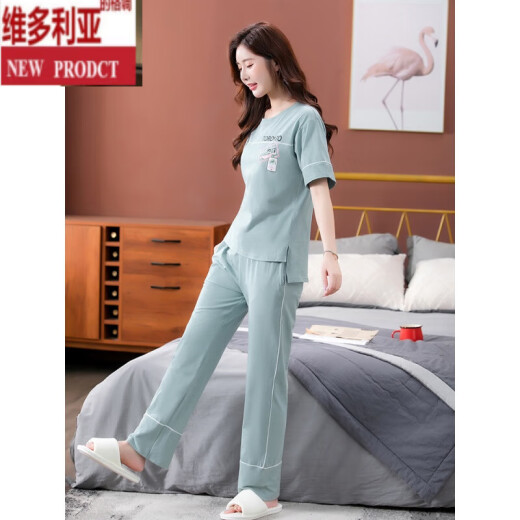 Victoria's Style Pyjamas für Frauen im Sommer Pure Cotton 2024 Neue Kurzarmhose Home Clothing Set für dünne Outfits 7374 Bohnengrün M 80-100jin [Jin entspricht 0,5 kg]