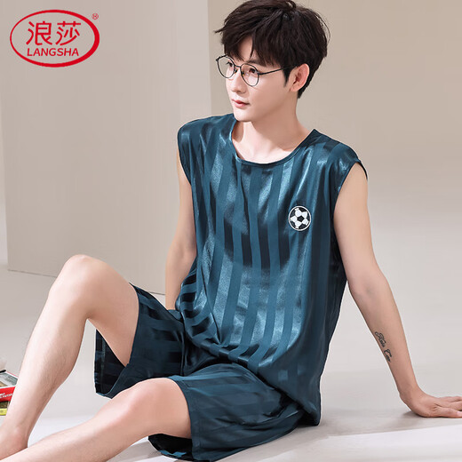 Langsha Pajamas haut de gamme Gifles de gilet Men Short sans manches Suit en deux pièces Summer Silk Silk Cool Derying Ball Uniforme grande taille [Suit sans manche en soie de glace] Q9901 XL Men [125-145Jin [Jin est égal à 0,5 kg]]]