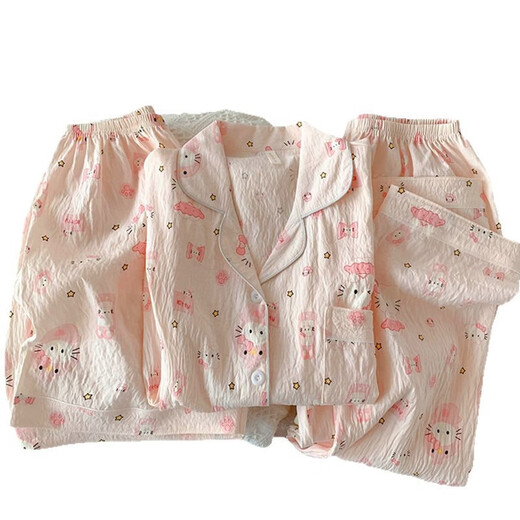 京濮飞HelloKitty夏款棉纱睡衣三件套可爱短袖家居服 云朵棉-9902#星星KT猫三件套 M 【建议75-100斤】