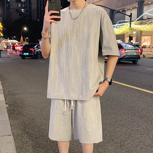 龙桃子休闲运动套装男夏季2025新款美式宽松短袖短裤男生酷帅穿搭两件套 2546-826黑色套装 M 约90-105斤可穿