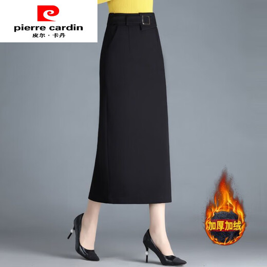 Pierre Cardin (pierre cardin) skirt women's hip skirt autumn and winter new high-waisted slim mid-length straight thickened slit one-step skirt long skirt black winter style plus velvet thickened L 106-115Jin Jin equals 0.5 kg