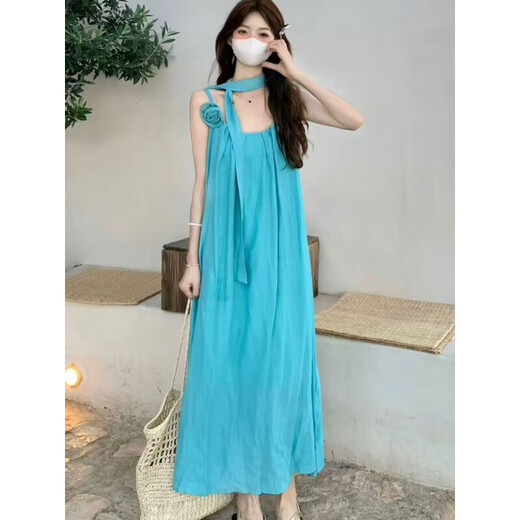 Quchen beach skirt skirt dress vacation style dress seaside dress suspender dress blue dress beach dress (lake blue) M (85-100Jin [Jin equals 0.5 kg])