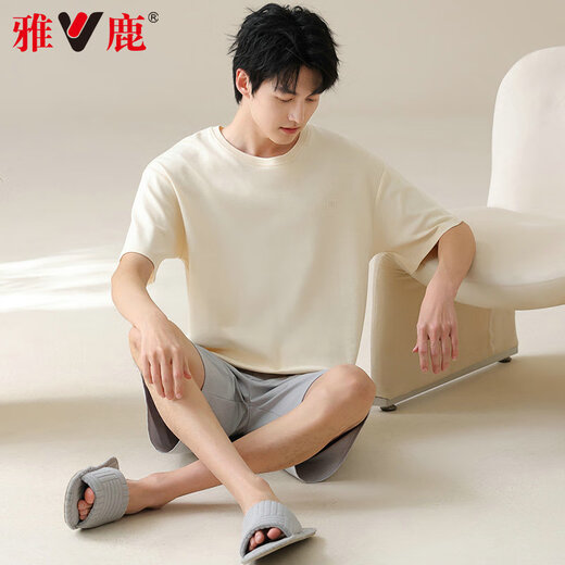 雅鹿男士睡衣男纯棉夏季薄款短袖全棉可外穿休闲大码男生家居服套装 42m13601 4XL  推荐体重180-200斤
