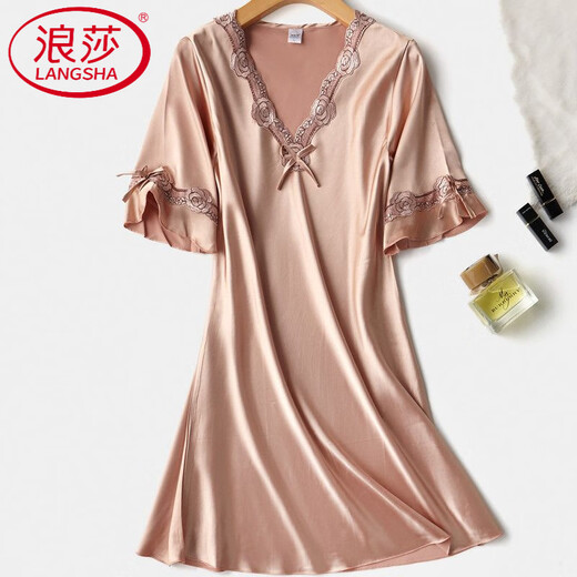 Langsha (Langsha) sexy Pyjama für Frauen, Seideneissensen-Nachthemd für Frauen, Sommerspitze Korean kurzärmelige Kleidung, Hauskleidung, großer Pyjamas für Frauen, ausgestaute Ärmel, dunkelgrau 1098 Modelle M 80-Jin [Jin gleich 0,5 kg]