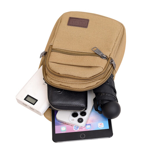 Laiji Electrician's Tool Bag Crossbody Chest Bag Men's Teenagers Thickened Canvas Wear-Resistant Men's Bag New Retro Men's Versatile Bag Khaki