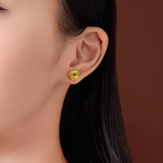 Ming Diamond International 18K Gold Jade Camellia Earrings Women's au750 Earrings Fashion Inlaid Earrings for Girlfriend's Birthday Gift