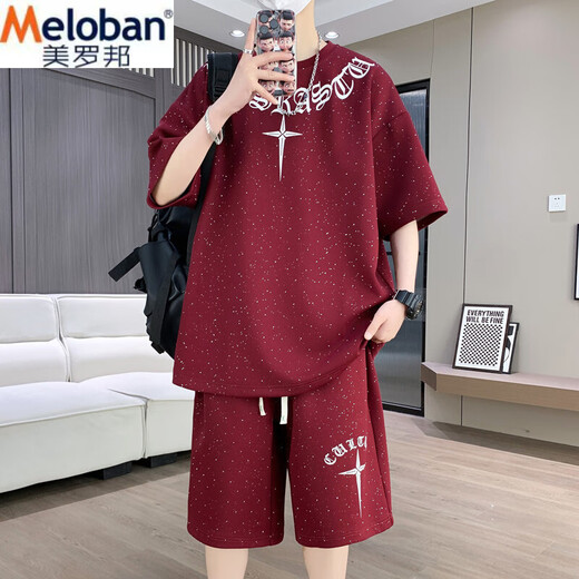 美罗邦 MELOBAN夏季休闲运动套装男青少年潮牌痞帅炸街短袖短裤初中高中学生一套 T6626黑色 M 参考80-100斤左右