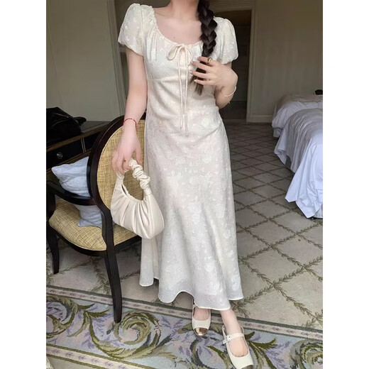 Hao'e French Tea Break weißes Kleid für Frauen Jacquard 2025 Sommer kleiner und sanfter Märchenstil Langrock Aprikosenfarbe (mit Auskleidung) m