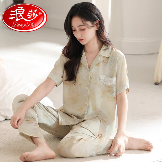 浪莎（LangSha）睡衣女士夏季短袖长裤中年妈妈套装感丝绸夏款半袖家居服外穿 6626 M (建议穿着体重80-100斤)