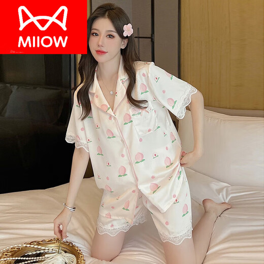 Catman (Miiow) Pajamas de soie de glace pour femmes en été à manches courtes style 2024 Nouveau printemps et été imitation mince de vêtements de maison de la maison FS-9905 Peach [court + pantalon] xl [adapté à 115-130jin [Jin équivaut à 0,5 kg]]