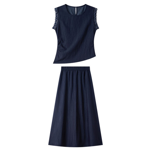 Van Ximan Temperament Simple Design Traje Falda para mujeres 2025 Summer nuevo sin mangas Falda Top Set de dos piezas M9882 Universo Osck Blue S