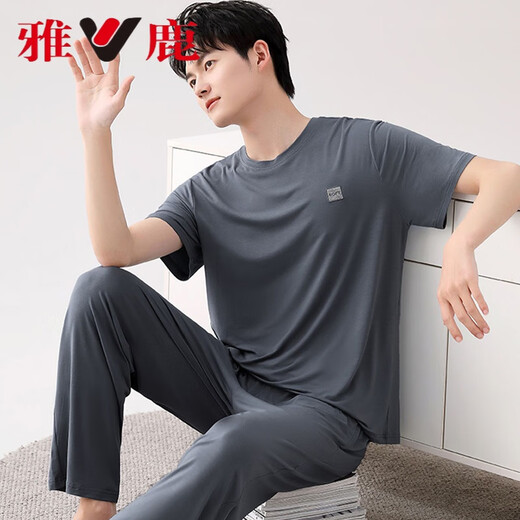 
Yalu pure cotton pajamas for men in summer short-sleeved trousers for home clothes for men in thin ice silk cool solid color set 2677* Short-sleeved + trousers L 100-120Jin [Jin equals 0.5 kg]