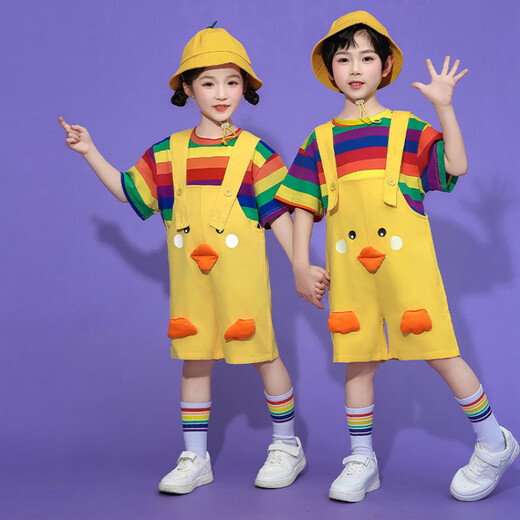 G.DUCKKIDS Little Yellow Duck Children's Clothing Class Uniforms for Primary School Students Summer Thin Overalls Kindergarten Uniforms Children's Day Performance Costumes Rainbow Tube Socks (Not shipped if purchased individually) 100 Recommended 90-100cm 3-4 years old
