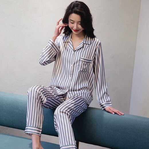 
MONTAGUT 2025 new pajamas for women in spring and autumn ice silk long sleeve striped cardigan lapel fashion internet celebrity home clothing set xe double length 6625# gray pink stripes one size m
