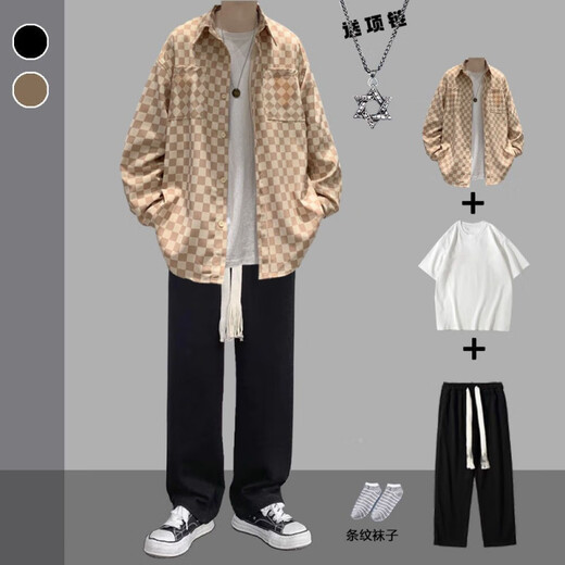 Rongxitu Chaqueta de chaqueta de chaqueta de color caqui Camisa de cinco piezas de cinco piezas Spring y Autumn New Style Card 684+White Short Sleples+Grey Big Rope Pants+Collar+Calcetines XL La calidad es más alta que la de los compañeros