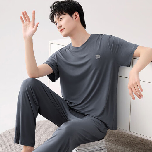 Opeodly莫代尔睡衣男夏季短袖长裤家居服棉超轻薄款冰丝凉感套装可外穿 A2677 短袖+长裤 L 100-120斤