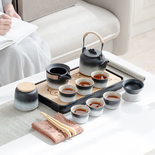 Jinpan Travel Tea Set with Tea Tray Outdoor Portable Ceramic Storage Bag Complete Kung Fu Tea Set Men’s Hand Gift Gradient Lift Pot Set Gray Leather Bag