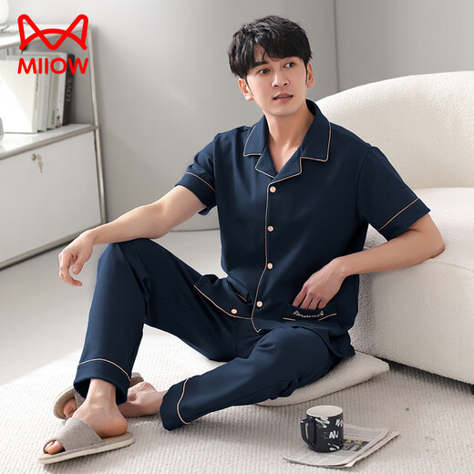 Catman (MiiOW) Fatty Men's Pajamas Short Sleeve Summer 330 Jin [Jin equals 0.5 kg] Add fat and loose size 300 Jin [Jin equals 0.5 kg] Cotton home clothing men HDE12004 black 6XL