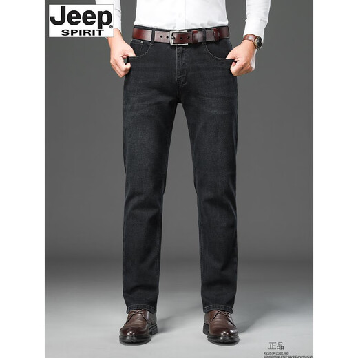Jeep Spirit American Jeep Jeep Jeep Men's Spring and Automne Style épais Taille haute taille lâche droite élastique d'âge moyen American authentique grande taille Black Gris-679 Style épais 29 Taille de taille 2,2 pieds