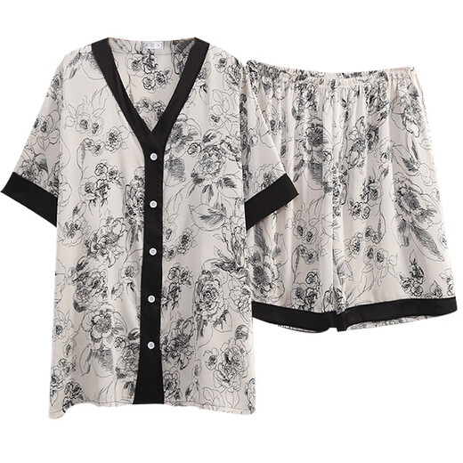 莫代尔夏季大码冰丝睡衣女200斤胖mm薄款宽松V领开衫水墨画家居服两件套 YZ15902白水墨 4XL 130-180斤