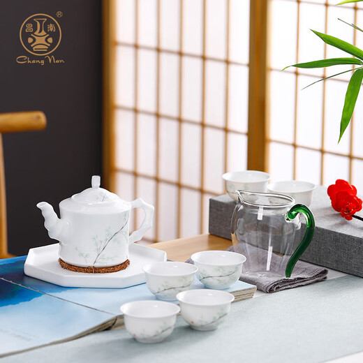 Changnan Ceramics Jiejiesheng Teapot Tea Cup Eight-Headed White Porcelain Kung Fu Household Tea Set Jiejiesheng 8-piece Pack