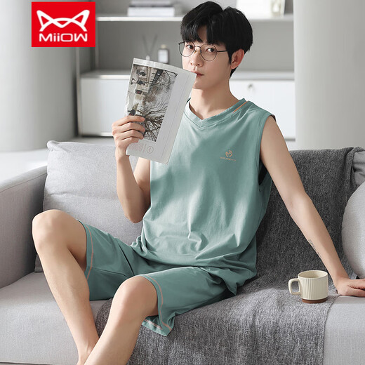 Catman (Miiow) Vest Pyjamas Herrenmodal Frühlings- und Sommer-Rund-Hals-Shorts Home-Kleidung lose und vergrößerte 12027 [Herrenanzug] l [vorgeschlagen 100-140jin [Jin entspricht 0,5 kg]]
