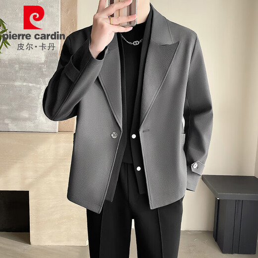 皮尔卡丹（pierre cardin）痞帅假两件夹克外套男西装领潮牌潮流叠穿设计高级感春季西服上衣 黑色 L 【建议125-140斤】