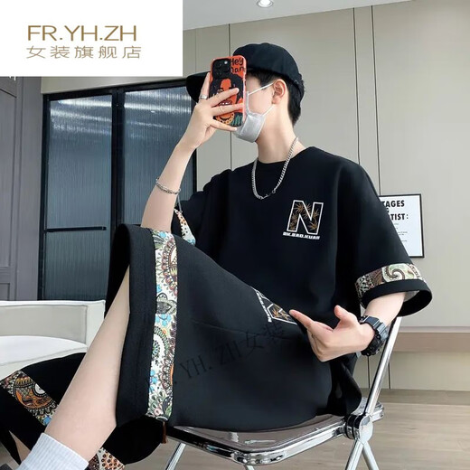 FR.YH.ZH凌越男装店2025夏季休闲运动套装男士百搭两件套 SI23黑色(YYW6195)ER5SI L(110-130斤)