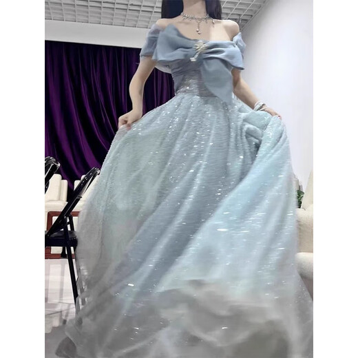 
Women's Banquet One-Shoulder Evening Dress Women's Banquet Temperament Light Luxury Niche High-end Host Art Exam Adult Gift Puffed Garnish Skirt Women Picture Color L