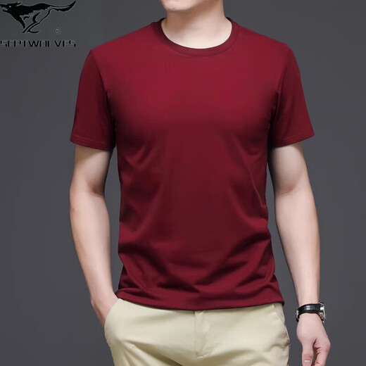 Septwolves (Septwolves) Red Summer Pure Cotton Cott-Shirt T-Shirt Herren-halbärmelige lose T-Shirt-Basis-Hemd im mittleren Alter im mittleren Alter der Männer mit dem neuen Herrenburgund 7018 L geeignet für 120-140jin [Jin gleich 0,5 kg]