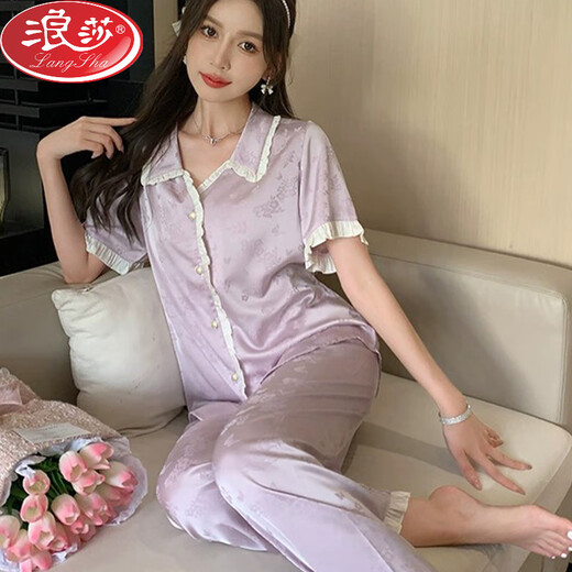 浪莎（LangSha）宫廷风甜美少女蕾丝花边睡衣女春夏季2025冰丝短袖长裤家居服套装 高品质-YFY-9905【短袖长裤】 M 【建议80-100斤】