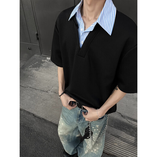 POUM短袖t恤男士夏季新款凉感半拉链假两件条纹polo领宽松潮流上衣半 JHP-1301灰色 L